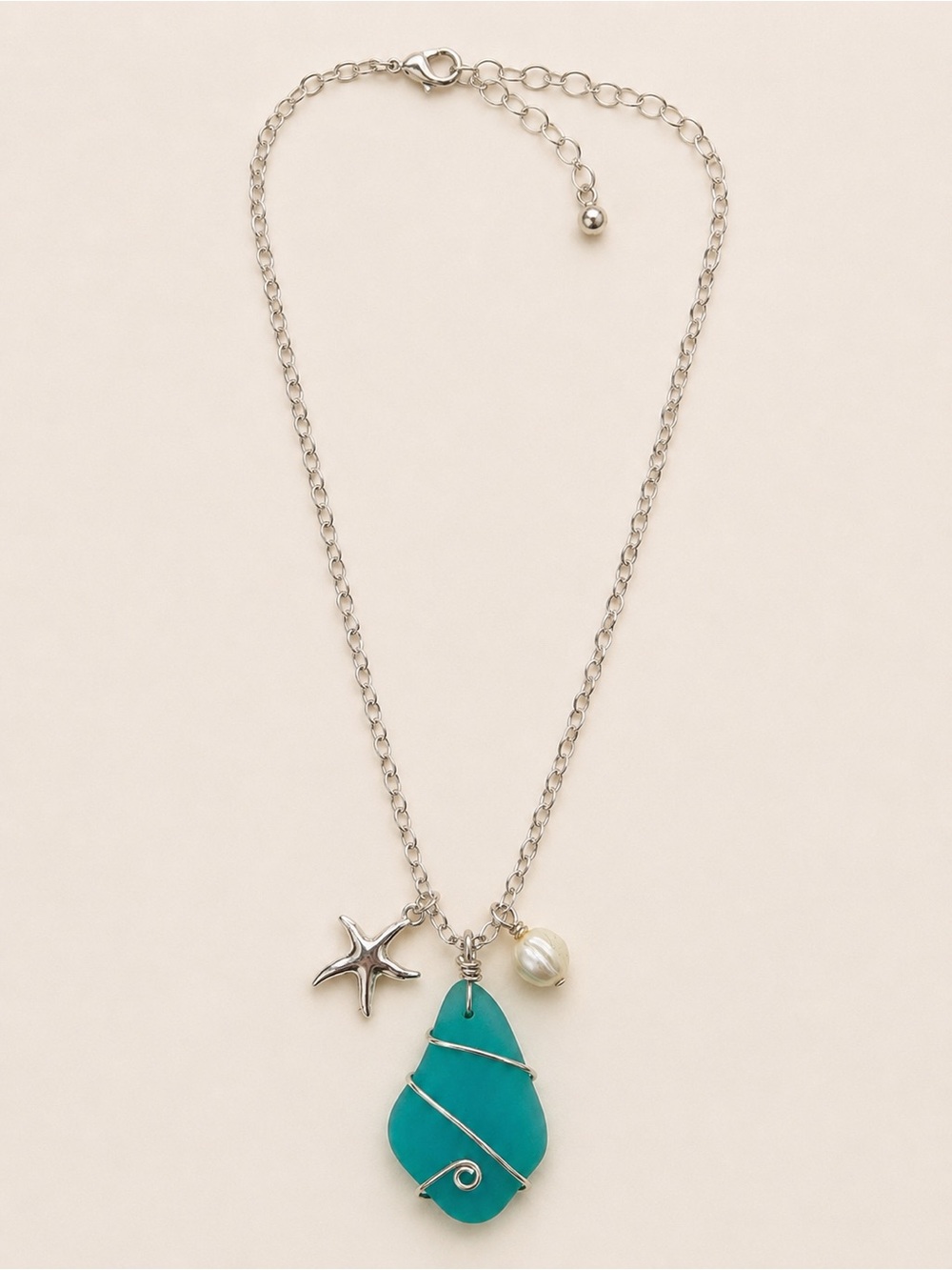 Sea Glass Style Pendant Necklace Starfish Charm Silver Tone Coastal